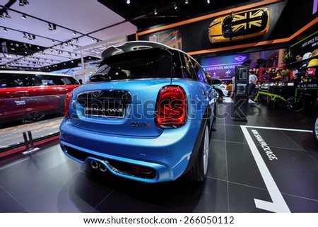 Nonthaburi,Thailand - March 24th, 2015: Mini booth with Mini hatch 3-door ,showed in Thailand the 36th Bangkok International Motor Show on 24 March 2015