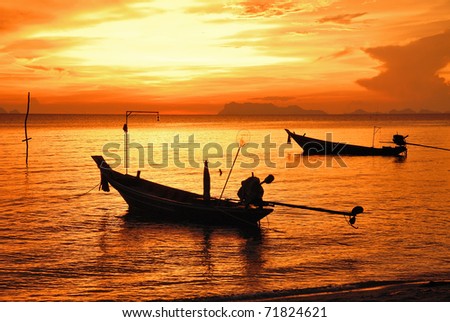 sunset view motor boat silhouette colorful background