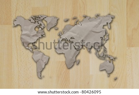 art work of world map made from old paper on the floor