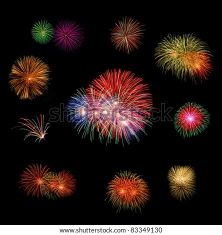 set of fire works with the clear dark background.