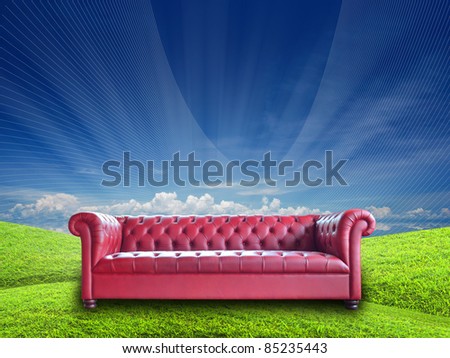 single vintage style sofa on nature background.