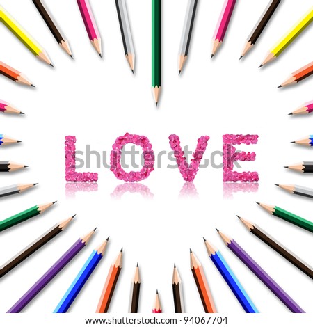 color pencil frame in heart shape on white background.
