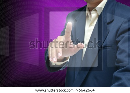 Businessman in dark blue suit with different hand concept with purple gradient background.