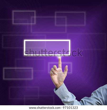 business selection concept by businessman pointing business object on gradient purple background.