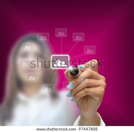 business selection concept by business woman writing business object on gradient purple background.