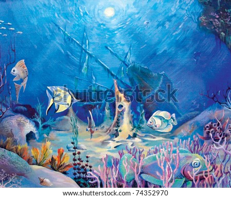 seabed, fish, boat, picturesque, sea, coral, ocean, sand illustration