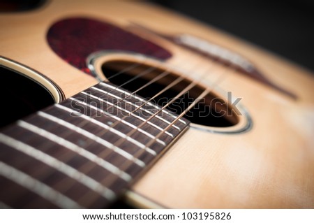 Close-up guitar body with sound hole and strings
