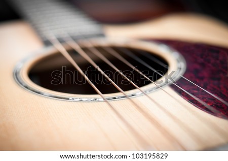 Close-up guitar body with sound hole and strings