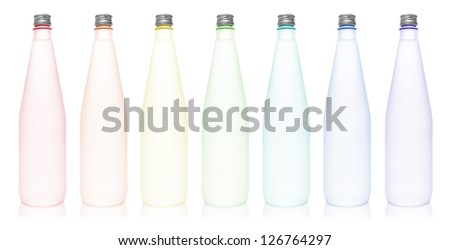 Colorful water bottle arrange in rainbow color, isolated on white
