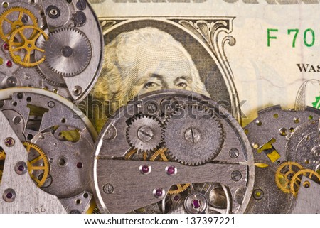 Clock mechanism with gears on dollar banknote