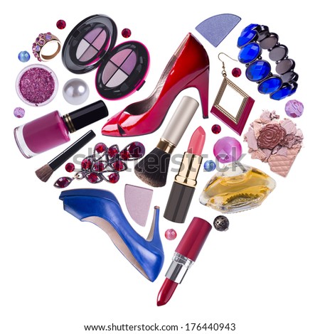 Woman Accessories Arranged In Heart Shape, Shopping Concept