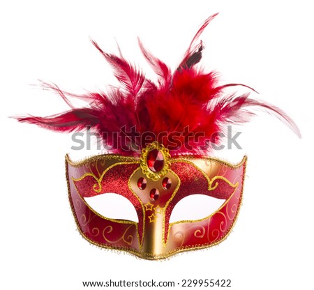 Red carnival mask with feathers isolated on white