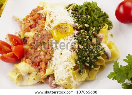 Italian pasta fettuccine. Italian flag.