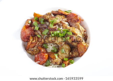 Fish with vegetables and basmati rice. Asian cuisine. eastern cuisine
