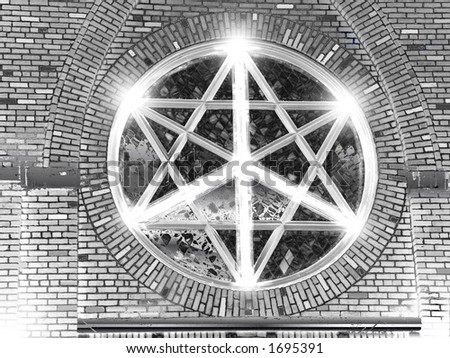 didgitally enhanced photograph of a window showing the star of david as well as the peace sign