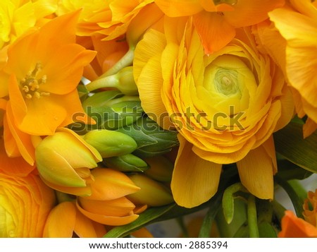 pictures of an abundant spring bouquet containing yellow ranunclus flowers and orange lily\'s