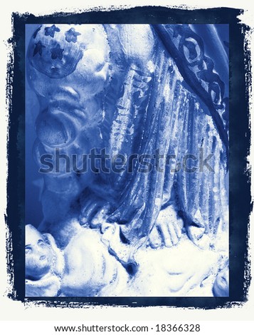 photographic reproduction cyanotype Delft Blue Mary Statue (detail)