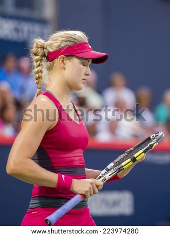 MONTREAL - AUGUST 5: Eugenie Bouchard of Canada in her Second round loss to Shelby Rogers of USA at the 2014 Rogers Cup on August 5, 2014 in Montreal, Canada