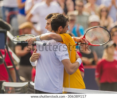 MONTREAL - AUGUST 15:   Novak Djokovic of Serbia during his semi final match win over Jeremy Chardy of France at the 2015 Rogers Cup on August 15, 2015 in Montreal, Canada