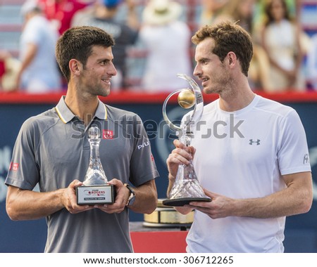 MONTREAL AUGUST 16 Andy Murray of Great Britain and Novak Djokovic of Serbia with their trophies at the 2015 Rogers Cup on August 16 2015 in Montreal Canada MONTREAL AUGUST 16 Andy Murray of Great Britain and Novak Djokovic of Serbia with their trophies at the 2015 Rogers Cup on August 16 2015 in Montreal Canada
