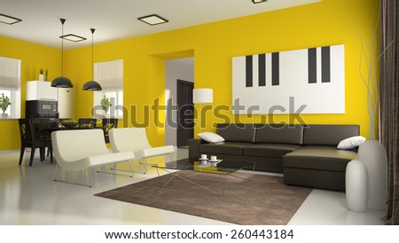 Part of interior with yellow walls  3D rendering