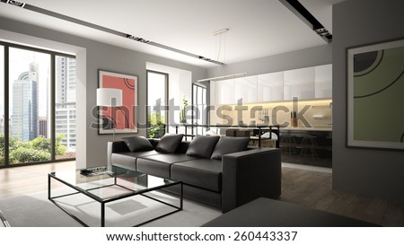 Modern interior with black sofa and parquet floor 3D rendering