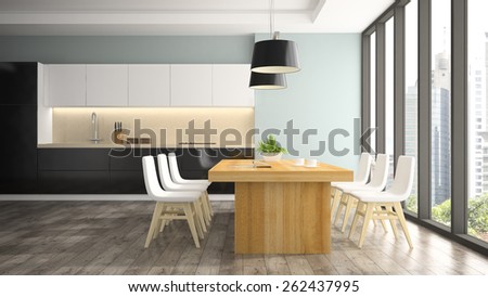 Modern interior of dining room with white chairs 3D rendering