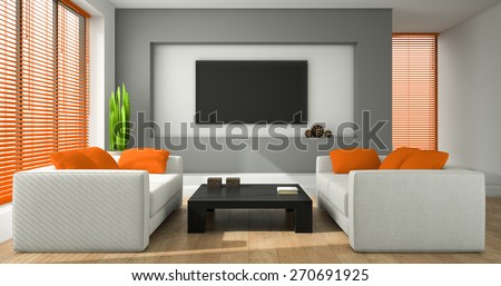 Interior of the modern design room with orange jalousie 3D rendering