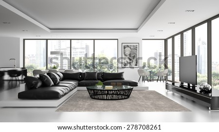 Interior of the modern design  loft with black sofa  3D rendering