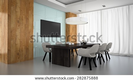 Modern interior of meeting room with wooden wall 3D rendering