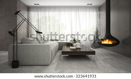 Interior of modern design room with fireplace 3D rendering