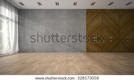 Empty modern design room with wooden closet 3D rendering