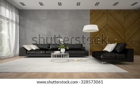 Interior of modern design room with wooden closet 3D rendering