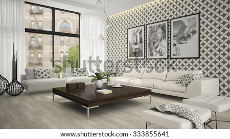 Interior of living room with stylish wallpaper 3D rendering