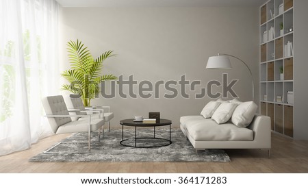 Interior of modern room  with white armchair and sofa 3D rendering