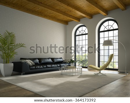 Interior of modern  design loft  with black sofa 3D rendering