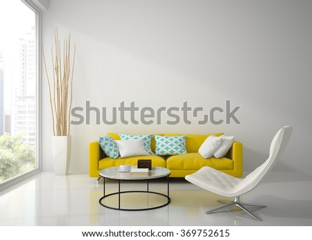 Interior of modern white room with yellow sofa  3D rendering