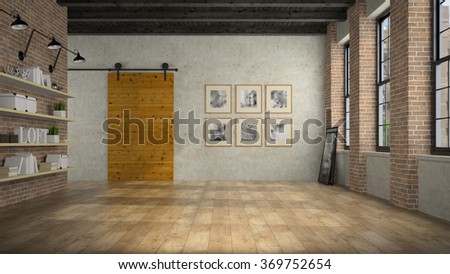 Empty loft room with wooden door 3D rendering