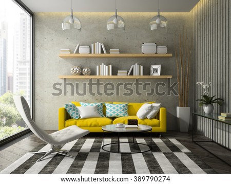 Interior of modern design room with yellow couch 3D rendering