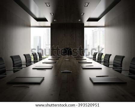 Interior of modern boardroom with black armchairs 3D rendering