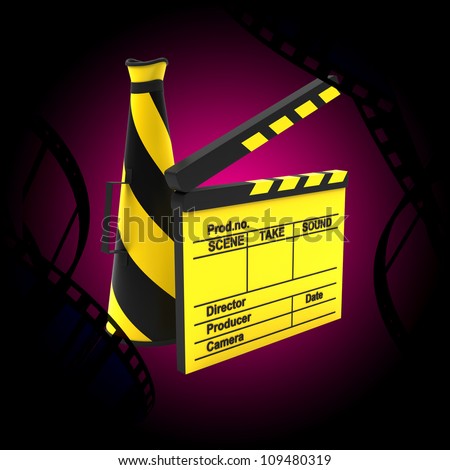 Yellow movie clapper and horn on an abstract background
