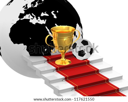 Cups with soccer ball on the ladders with red carpet