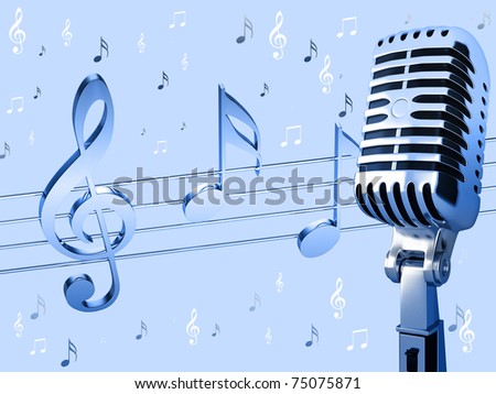 Gold vintage microphone on the background of notes