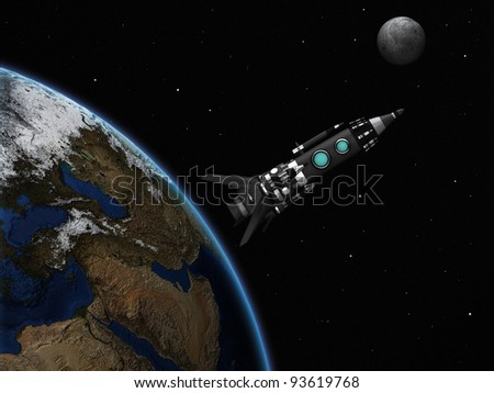 Rocket against the background of the Earth and Moon