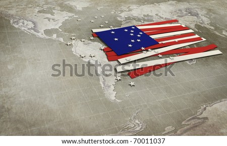 Flag of United States on the map of the world. Background.