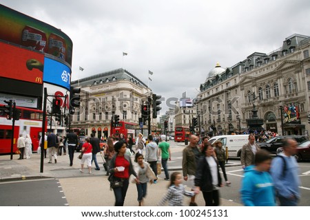 LONDON - AUG 12: View of Piccadilly Circus, road junction, built in 1819, famous tourist attraction, links to West End, Regent Street, Haymarket, Leicester Square, on Aug 12, 2010 in London, UK.