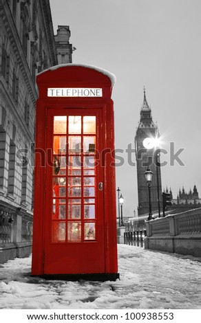 London Red Telephone Booth and Big Ben in the Distance.