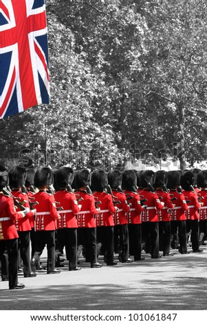 London, UK - June 17, 2006: Queen\'s soldiers marching at Trooping the Colour ceremony, also known as the Queen\'s Birthday Parade