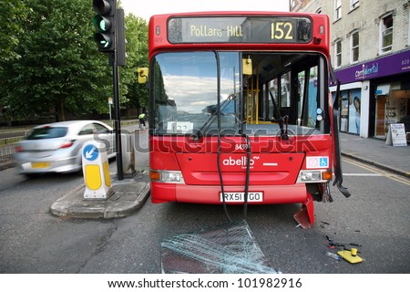 LONDON - MAY 31:  Bus appeared to be out of service after traffic accident in Wimbledon on May 31, 2011 in London, UK. Transport accident rates in UK have fallen considerably over the last 25 years.
