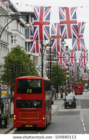 LONDON - MAY 5: Oxford Street in London, decorated with union jack flags to celebrate the Queen\'s diamond Jubilee on May 5, 2012 in London. The main celebrations held from June 2 to June 5
